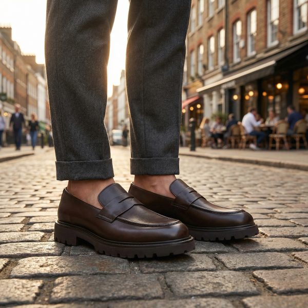 موكا - حذاء بدون كعب من الجلد البني الداكن